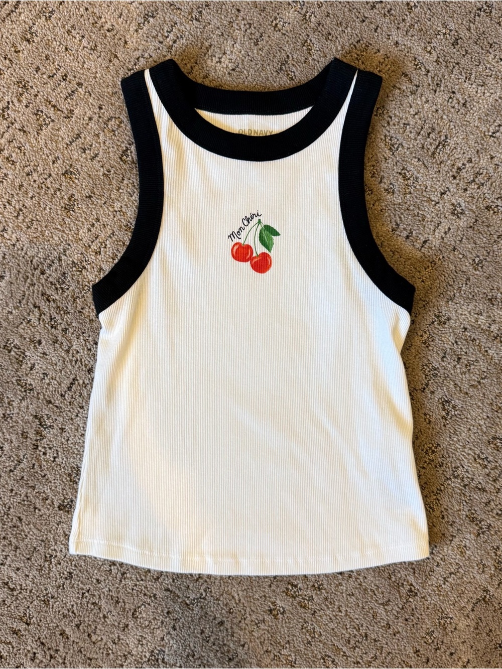 Old Navy White Tank with Black Trim and Cherry Graphic